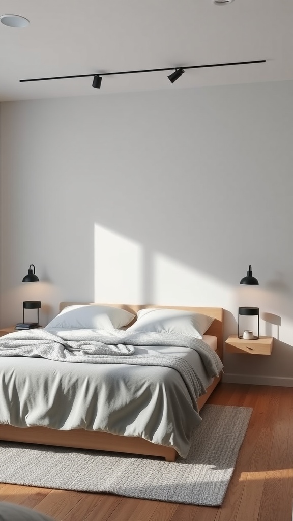 A minimalist bedroom featuring a floating nightstand beside a bed, with soft lighting and neutral colors.