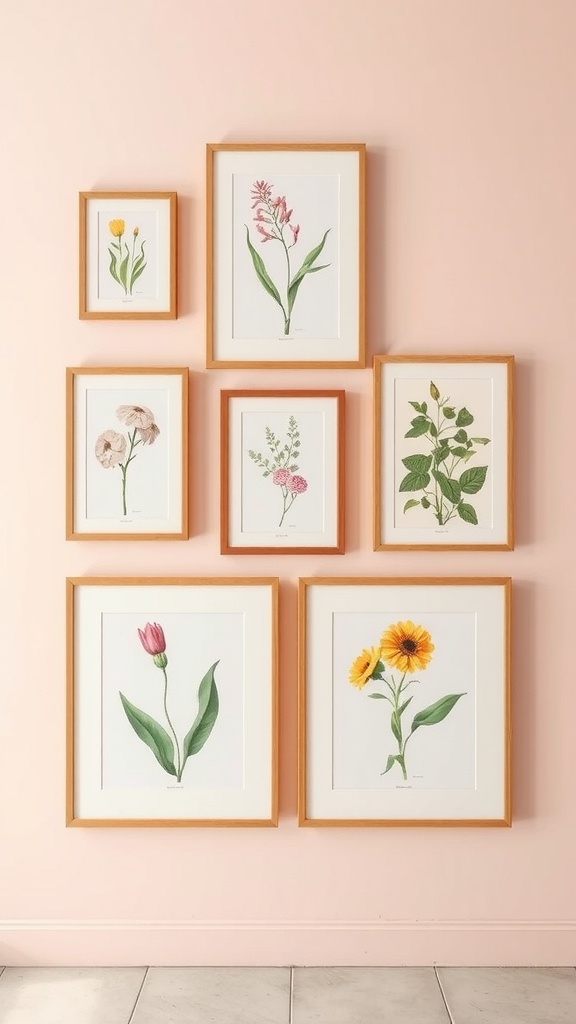 A collection of framed botanical prints featuring various flowers arranged on a pink wall.