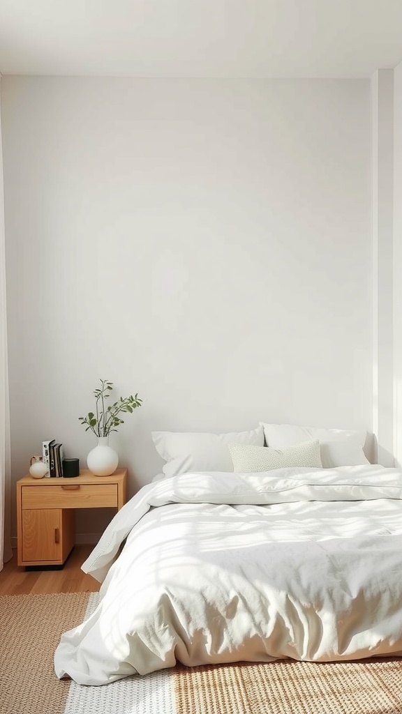 Minimalist bedroom with a large bed, wooden nightstand, and a small plant