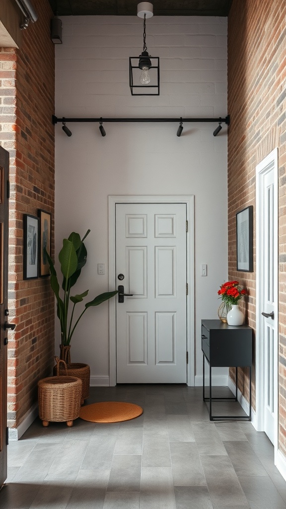 A stylish industrial loft entryway featuring exposed brick walls, a black console table, a tall plant, and warm lighting.