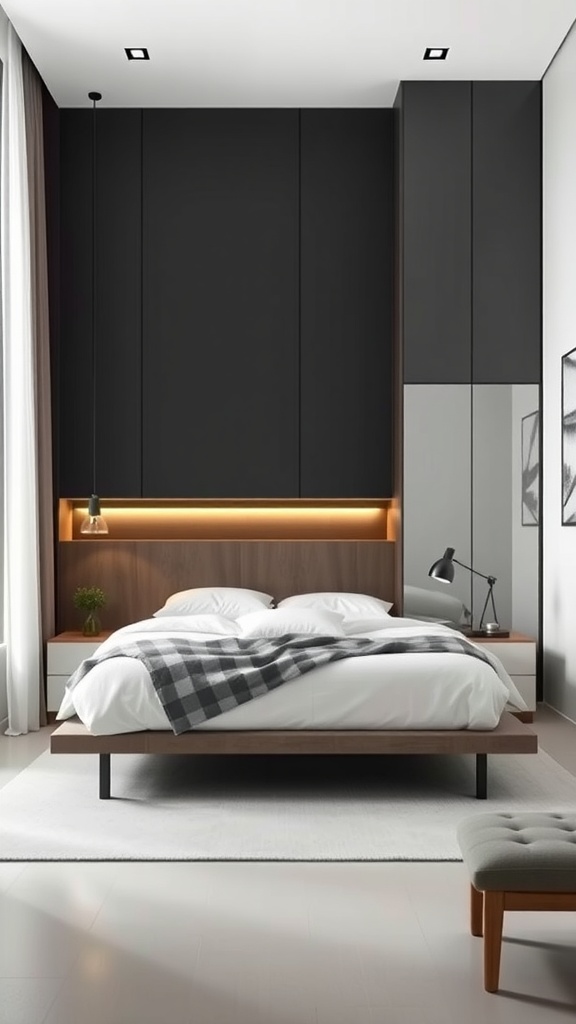 Minimalist bedroom featuring a sleek bed with integrated lighting, storage solutions, and a simple bench.