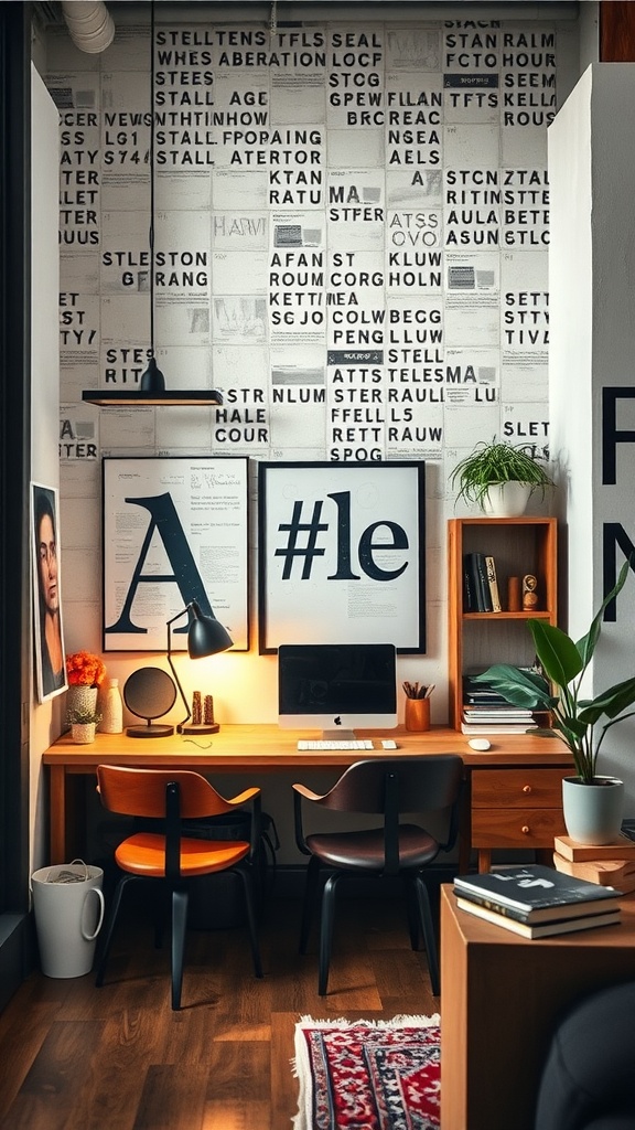 A stylish industrial workspace nook with a wooden desk, two chairs, and an artistic wall design.