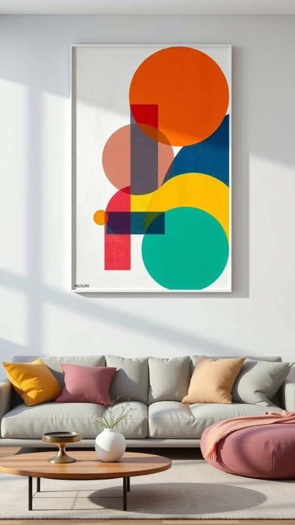 Colorful geometric wall art featuring circles and rectangles in a modern living room setting