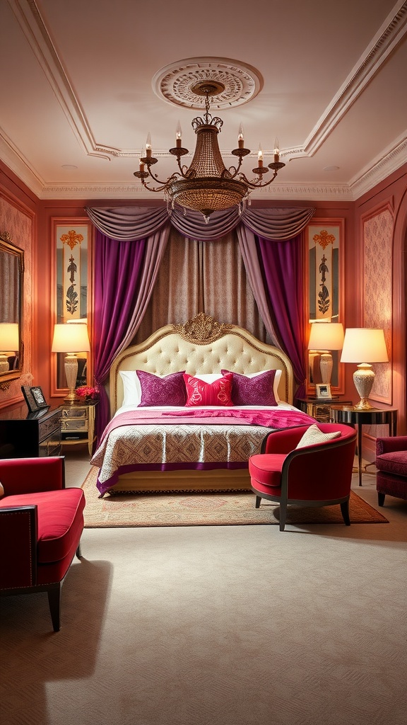 Glamorous Hollywood style bedroom featuring rich colors, elegant furniture, and a luxurious chandelier.