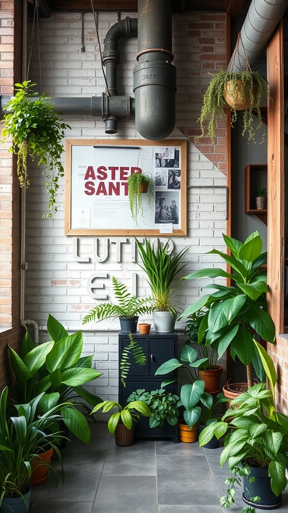 A corner of an industrial loft featuring various indoor plants and a wall adorned with a framed poster.