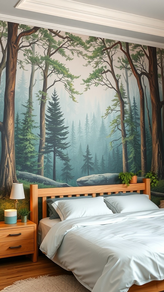 A hand-painted mural of a serene forest scene in a bedroom.
