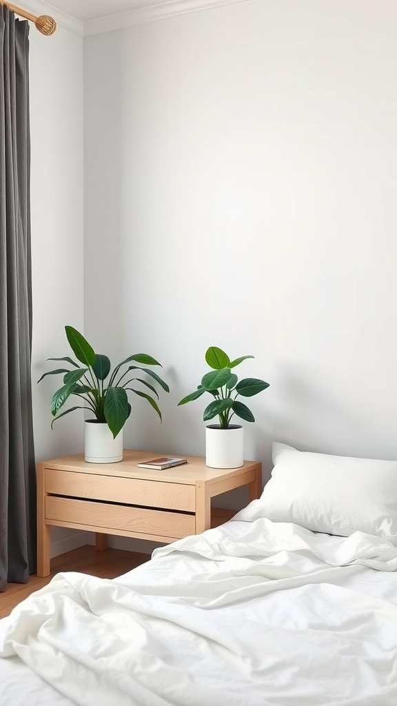 A minimalist bedroom featuring two indoor plants on a wooden nightstand beside a neatly made bed