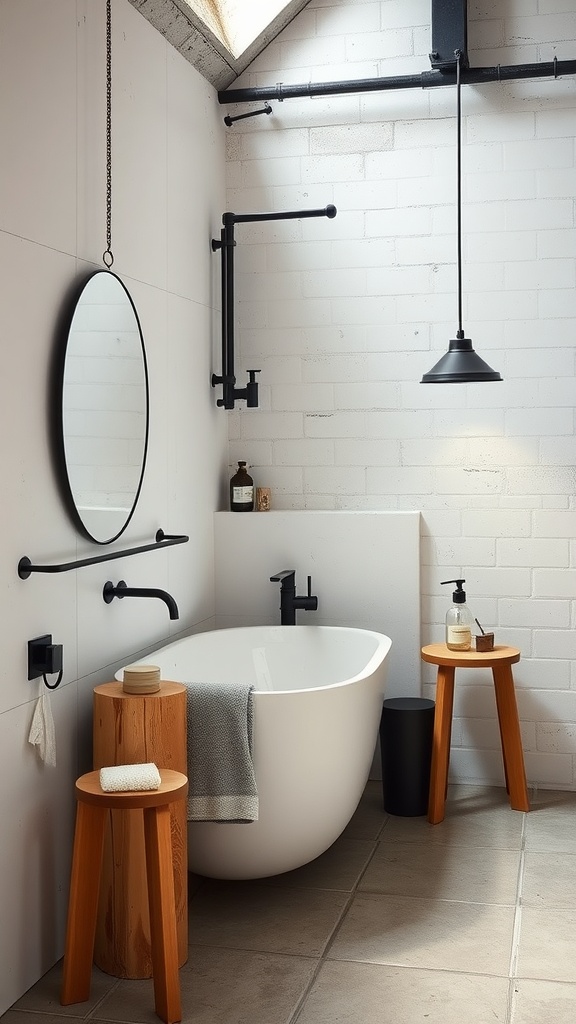 A modern industrial-style bathroom featuring a freestanding bathtub, dark fixtures, wooden stools, and an oval mirror