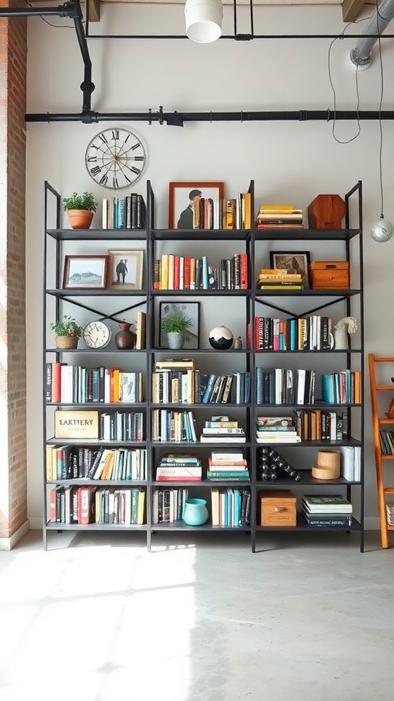 A black industrial-style shelving unit filled with books, decorative items, and plants, set against a light-colored wall.