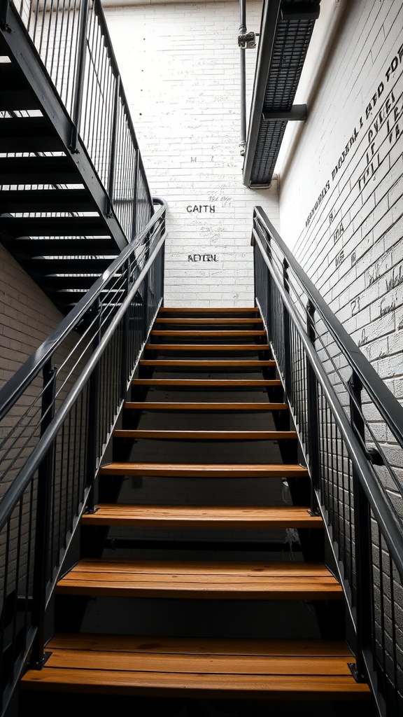 A modern industrial staircase with black metal railings and wooden steps, featuring a white brick wall with text.