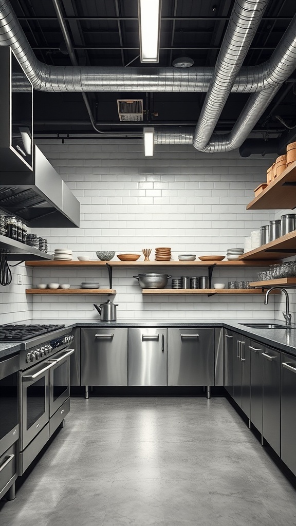 Industrial kitchen with stainless steel appliances and open shelving