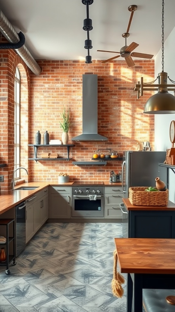 An industrial style kitchen featuring a brick wall, open shelving, and a mix of wood and metal elements.