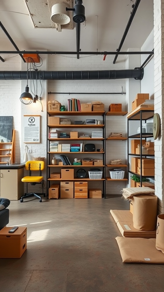 A well-organized industrial loft space showcasing innovative storage solutions with shelves, baskets, and a bright yellow chair.