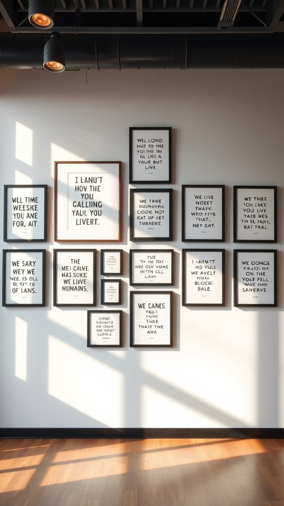 A wall featuring various framed inspirational quotes in different styles and sizes.