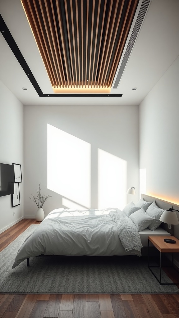 A minimalist bedroom with a modern design featuring integrated technology, subtle lighting, and a clean aesthetic.