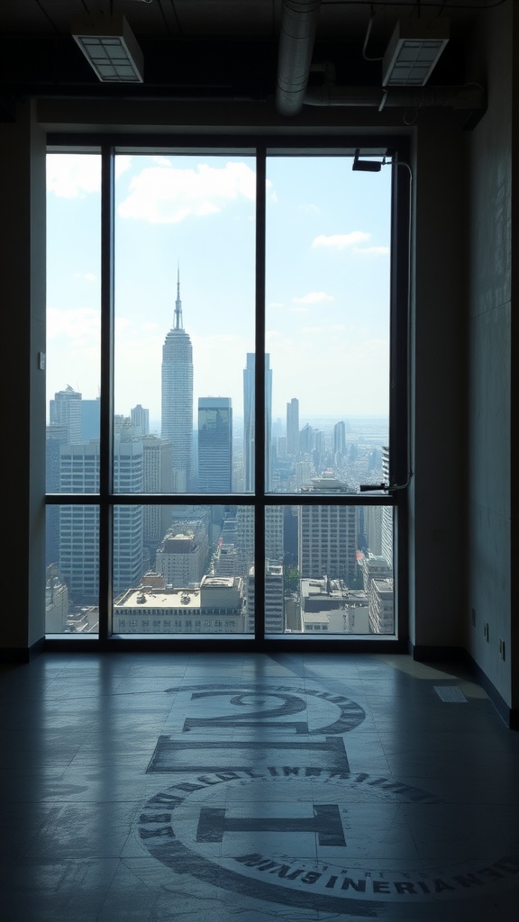 Large windows in an industrial loft showcasing a city skyline view, with light flooding into the room.