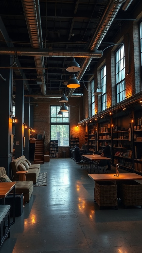 Industrial loft interior showcasing layered lighting techniques with pendant lights and wall fixtures.