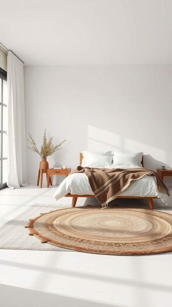 A minimalist bedroom featuring layered rugs, a bed with a brown throw blanket, and natural light streaming in.