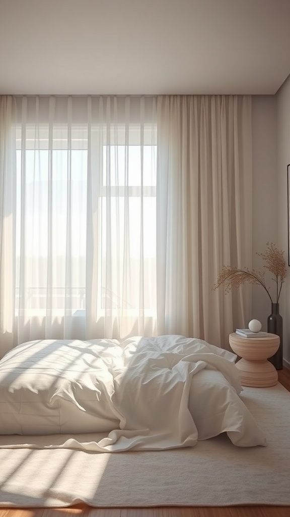 A minimalist bedroom featuring lightweight curtains that let in soft sunlight