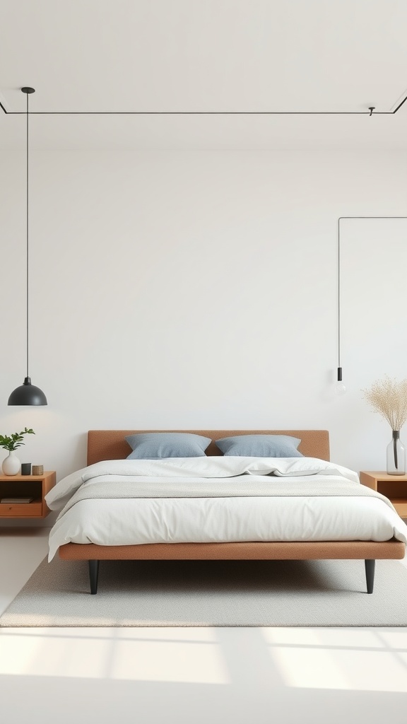 A minimalist bedroom featuring a low-profile bed with soft bedding and simple decor.