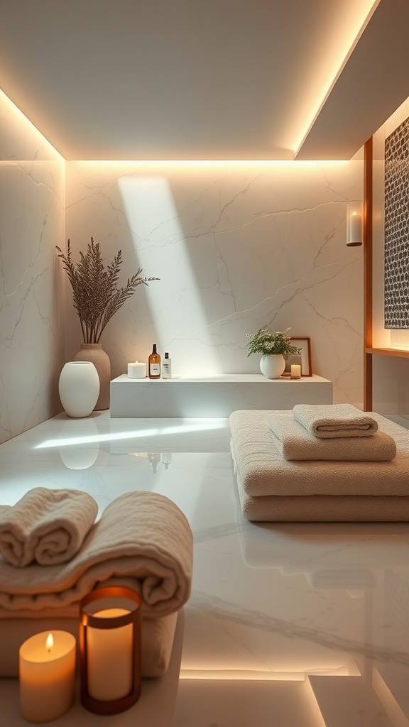 A serene spa-like retreat with soft lighting, marble floors, neatly stacked towels, candles, and decorative plants.