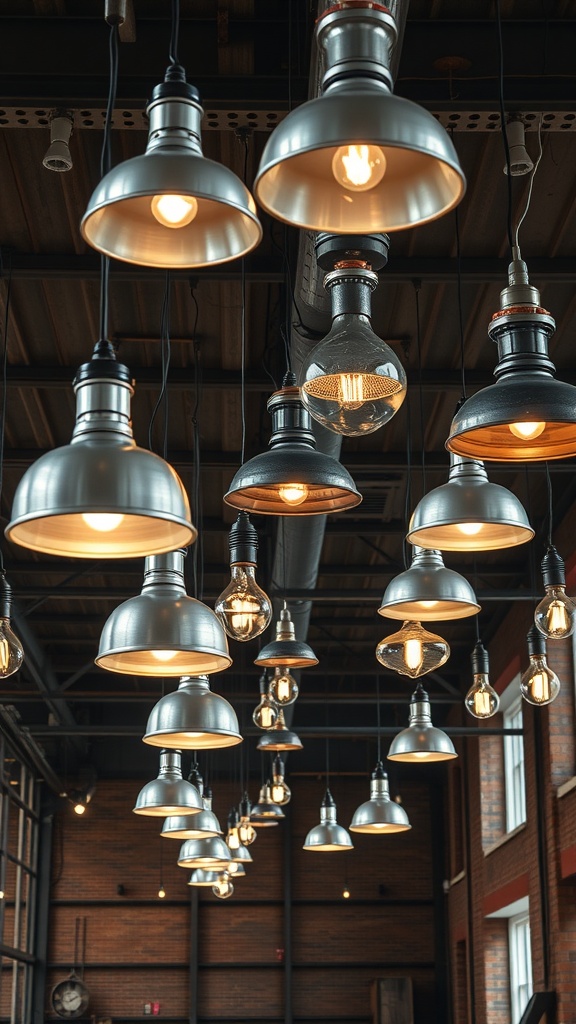 A variety of metal light fixtures hanging from a ceiling in an industrial loft setting.