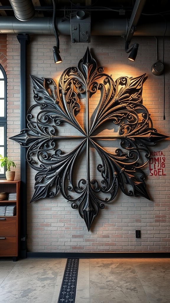 Intricate metal wall art featuring a floral design on a brick wall