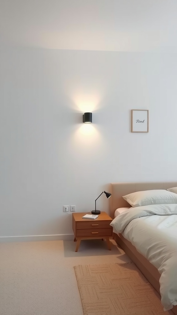 Minimalist bedroom with elegant lighting fixtures and simple decor.