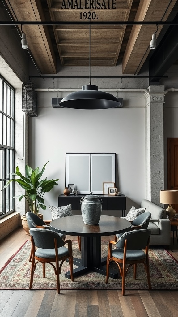 A cozy dining area in an industrial loft featuring a round table, stylish chairs, and natural accents.