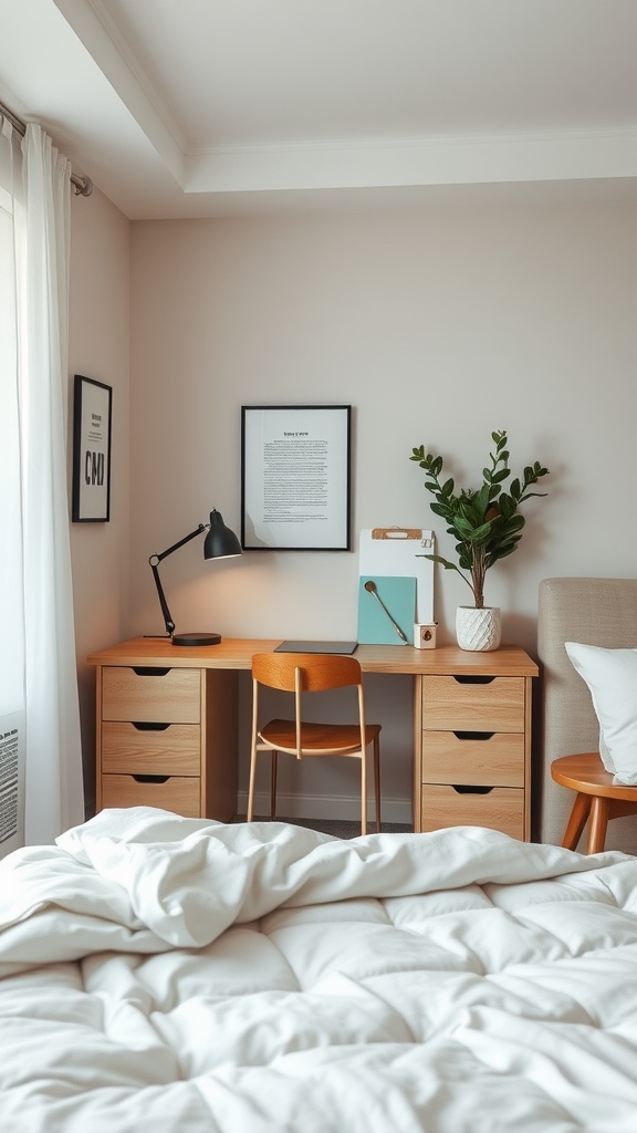 A minimalist desk nook featuring a wooden desk, a chair, a desk lamp, and a plant in a modern bedroom.