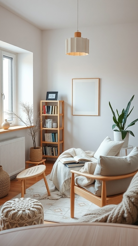 A cozy minimalist Scandinavian nook featuring wooden furniture, plants, and soft textiles.