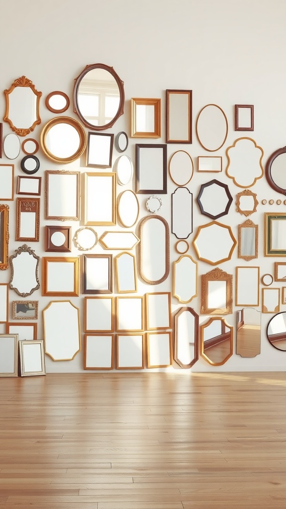 A gallery wall composed of various mirrors in different shapes and frames.