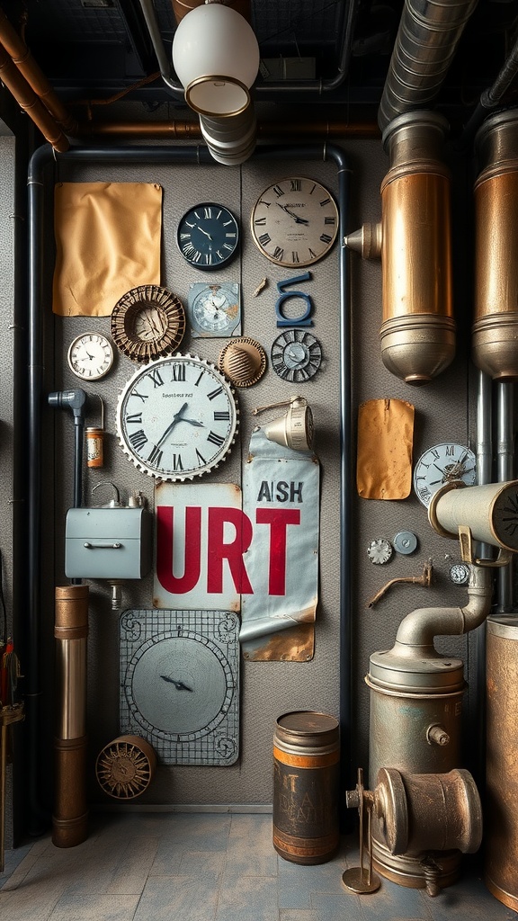 An industrial-style wall featuring a mix of clocks, metallic pipes, and decorative elements.