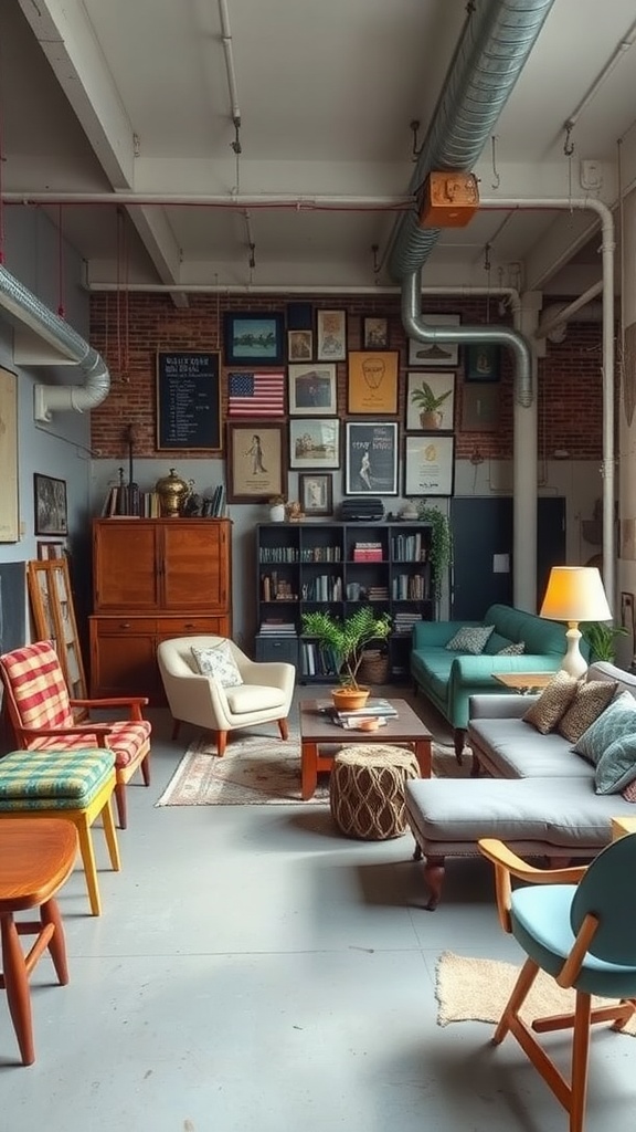 A cozy industrial loft with a mix of vintage and modern furniture, colorful chairs, and framed artwork on the wall.