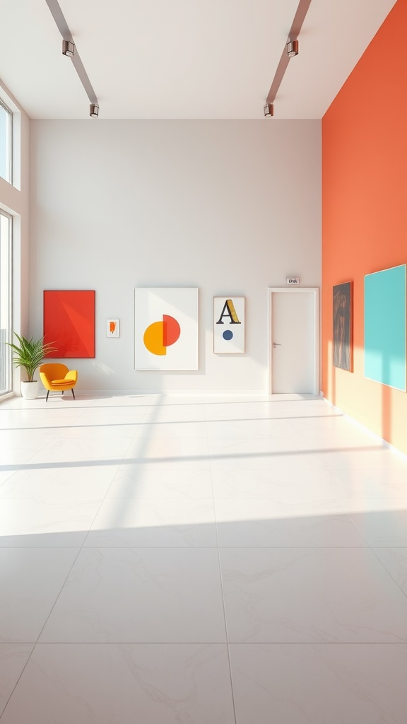 A modern art space featuring colorful abstract artwork and a stylish yellow chair.