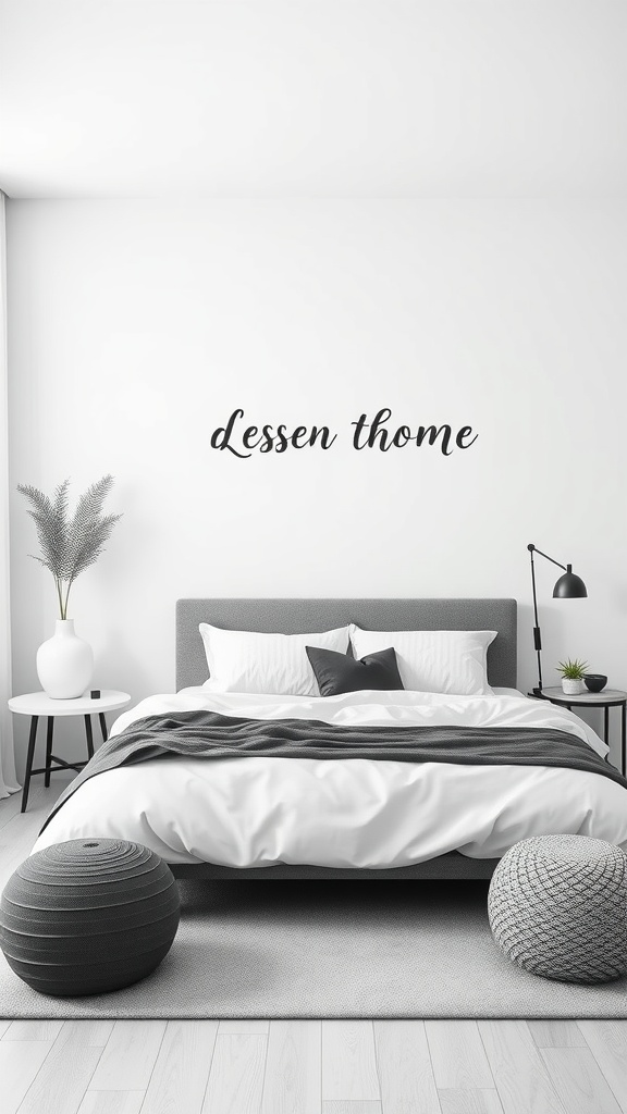 A minimalist bedroom featuring monochrome accents, with a gray bed, white linens, and decorative pillows, accompanied by stylish decor elements.