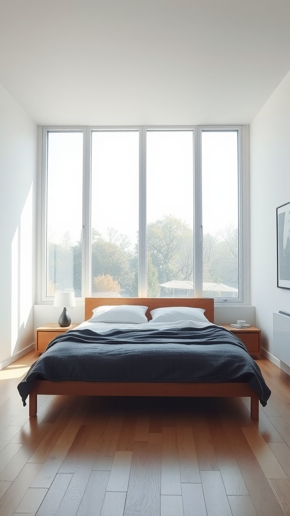 Minimalist bedroom with large windows allowing natural light to flow in.