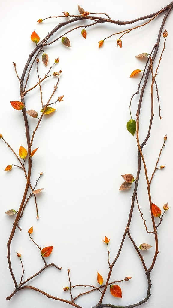 Decorative arrangement of branches with colorful leaves on a white wall