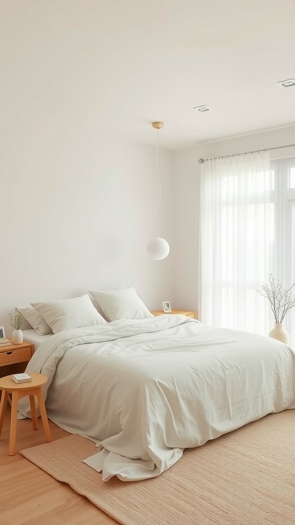 Minimalist bedroom with a neutral color palette featuring a white bedding set, light wooden furniture, and sheer curtains.