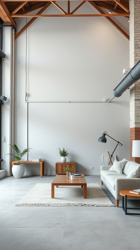 An industrial loft with neutral color palette, featuring wooden furniture and plants.