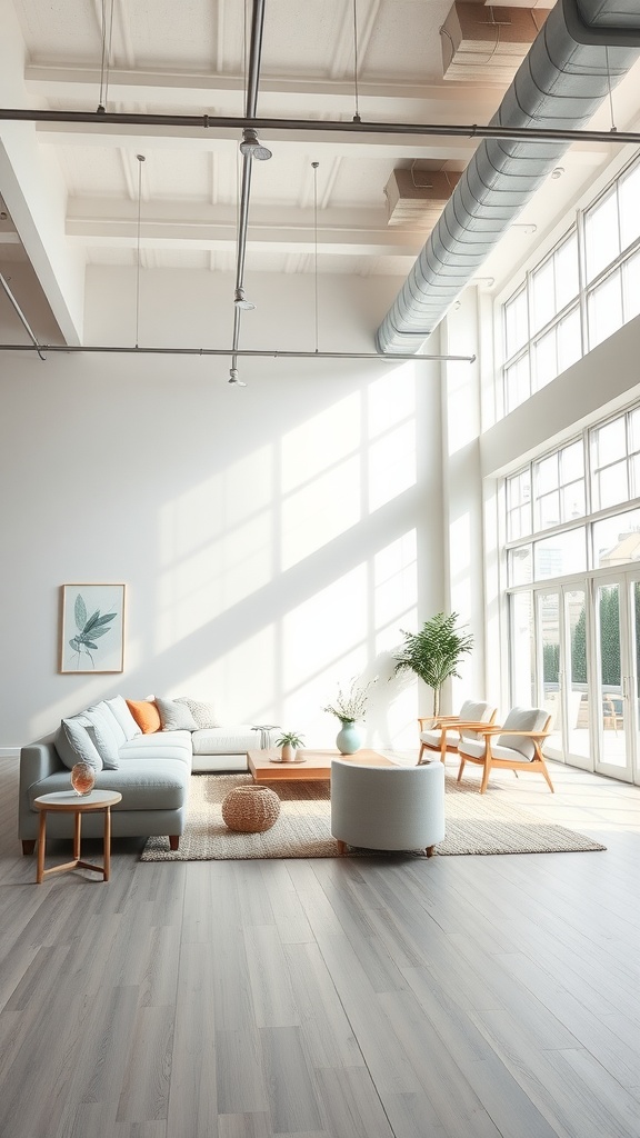 A spacious open-concept living area featuring large windows, light-colored furniture, and industrial elements.