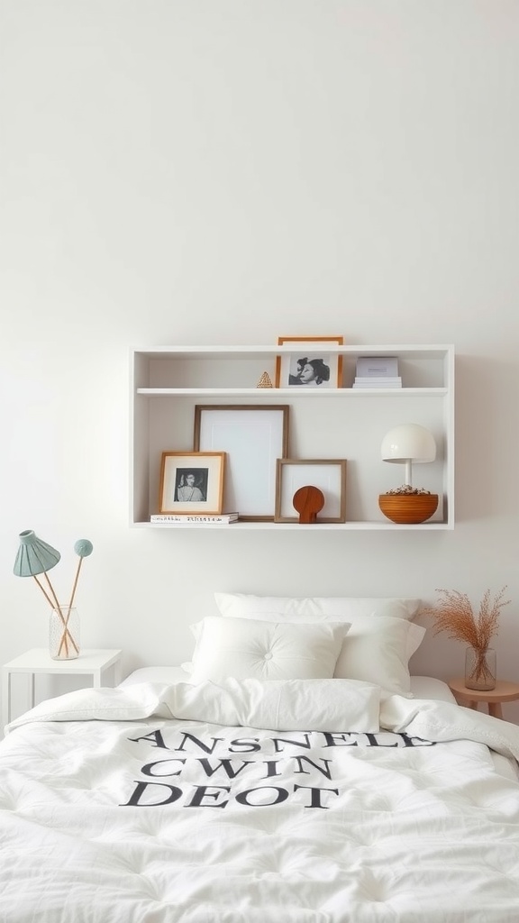 A minimalist bedroom featuring open shelving above the bed with framed photos and decorative items.