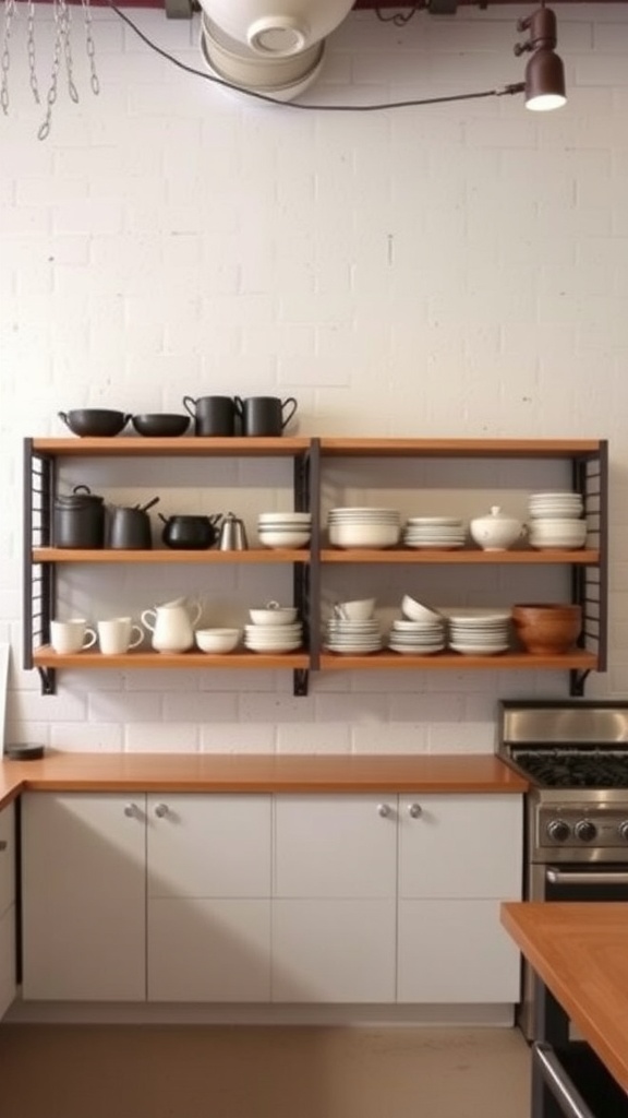 Open shelving in an industrial kitchen displaying black and white dishware against a brick wall.