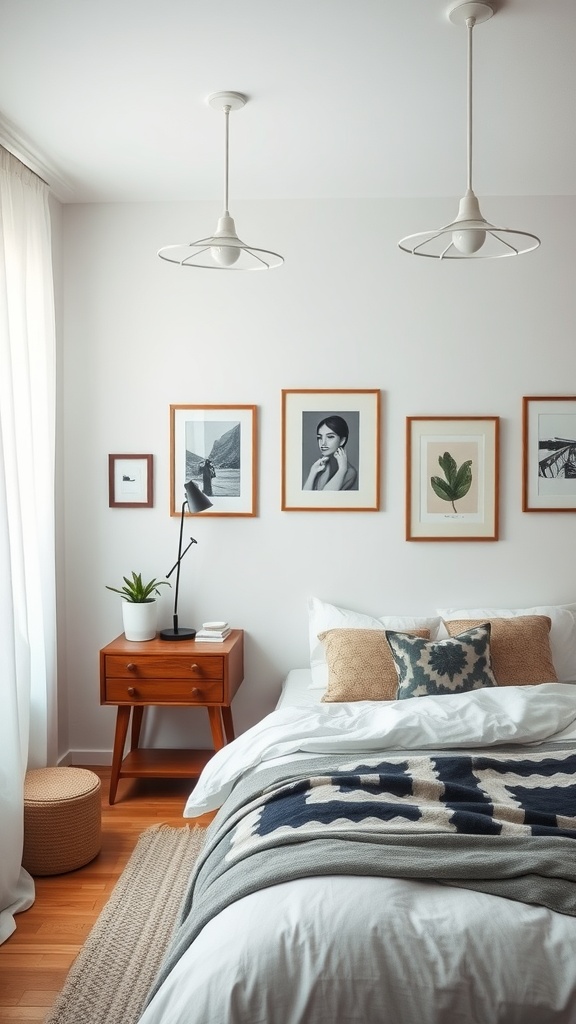 A minimalist bedroom featuring framed artwork, a cozy bed with layered blankets, a potted plant, and modern lighting.