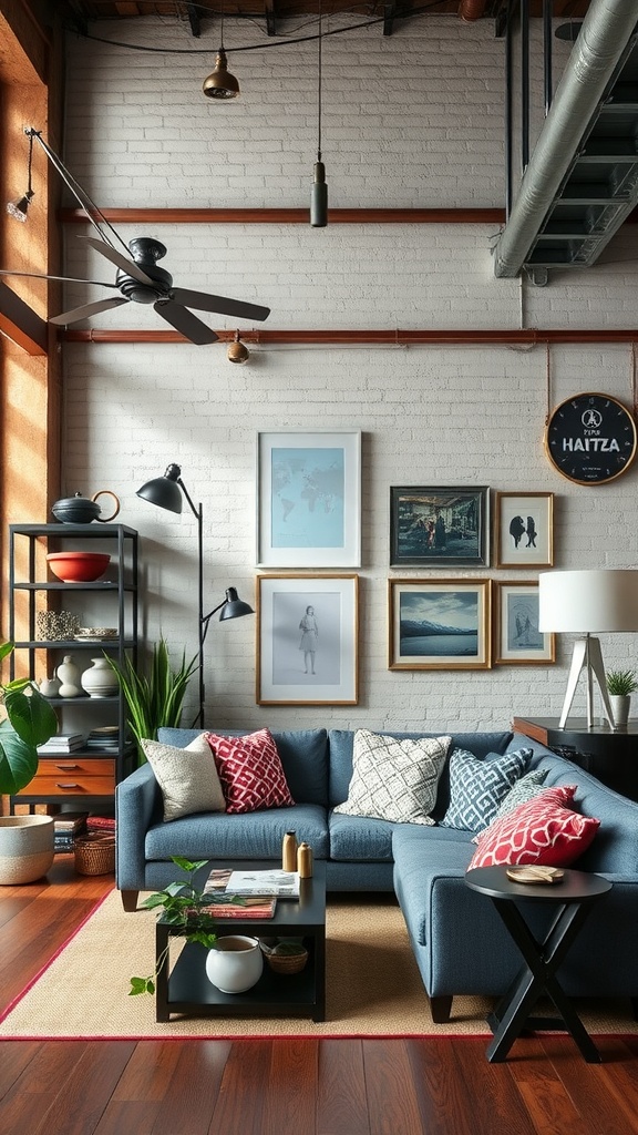 A cozy industrial loft living area featuring a blue sofa, decorative cushions, and a gallery wall with framed artwork.