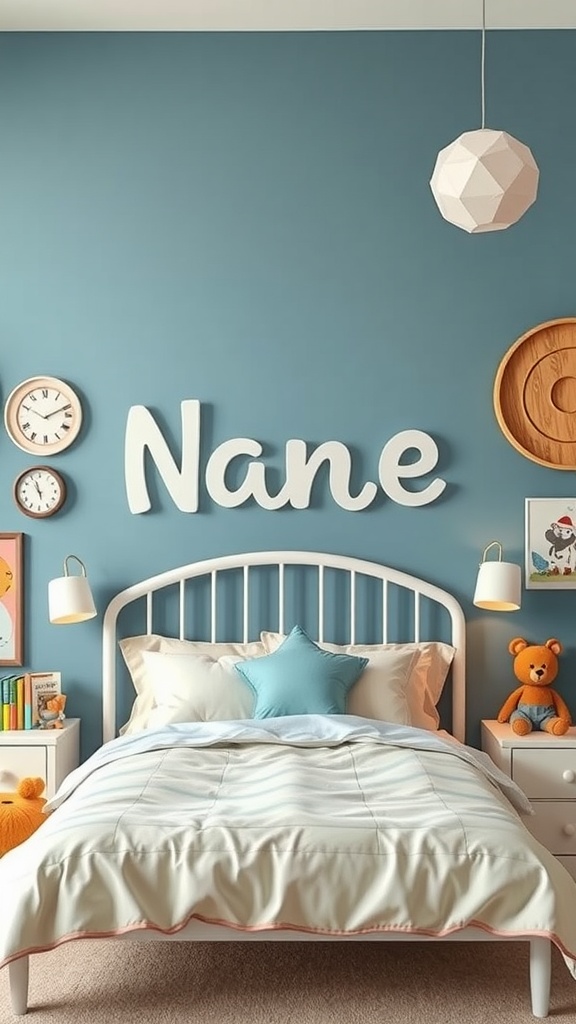 A bedroom with personalized name art on the wall, featuring the name 'Nane' in white letters against a blue background.