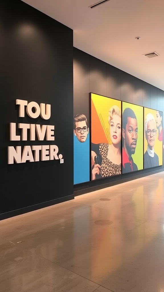 Vibrant pop art installation with colorful portraits and a large phrase on a black wall.