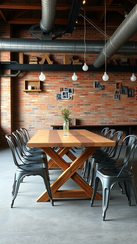 A dining area featuring a reclaimed wood table with black metal chairs and a vase of flowers on the table.