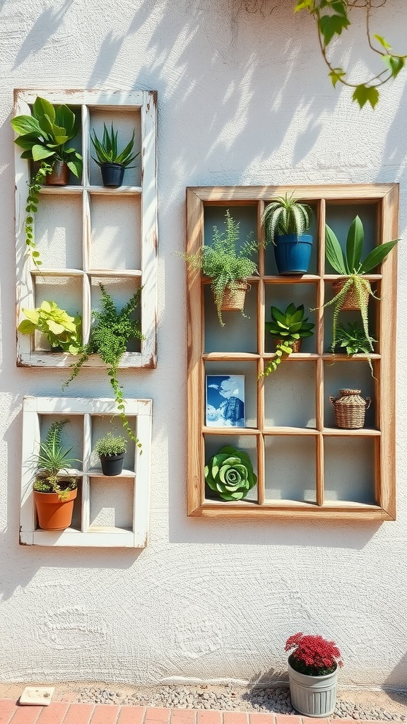 Repurposed window frames used as planters with various plants arranged on a wall.
