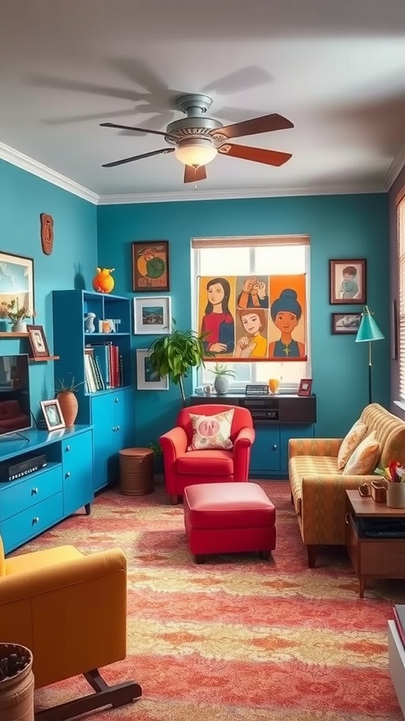 A vibrant retro 70s style den with turquoise walls, colorful furniture, and artistic decorations.